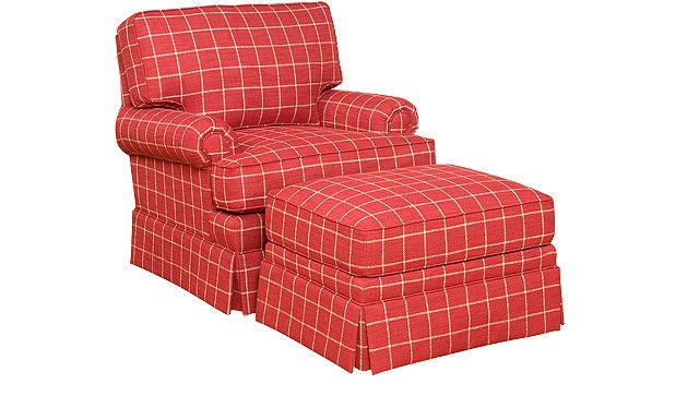King Hickory Kelly Ottoman With Panel Arm, Box Attached Back, Skirt, And Fabric 1208-PBS-F
