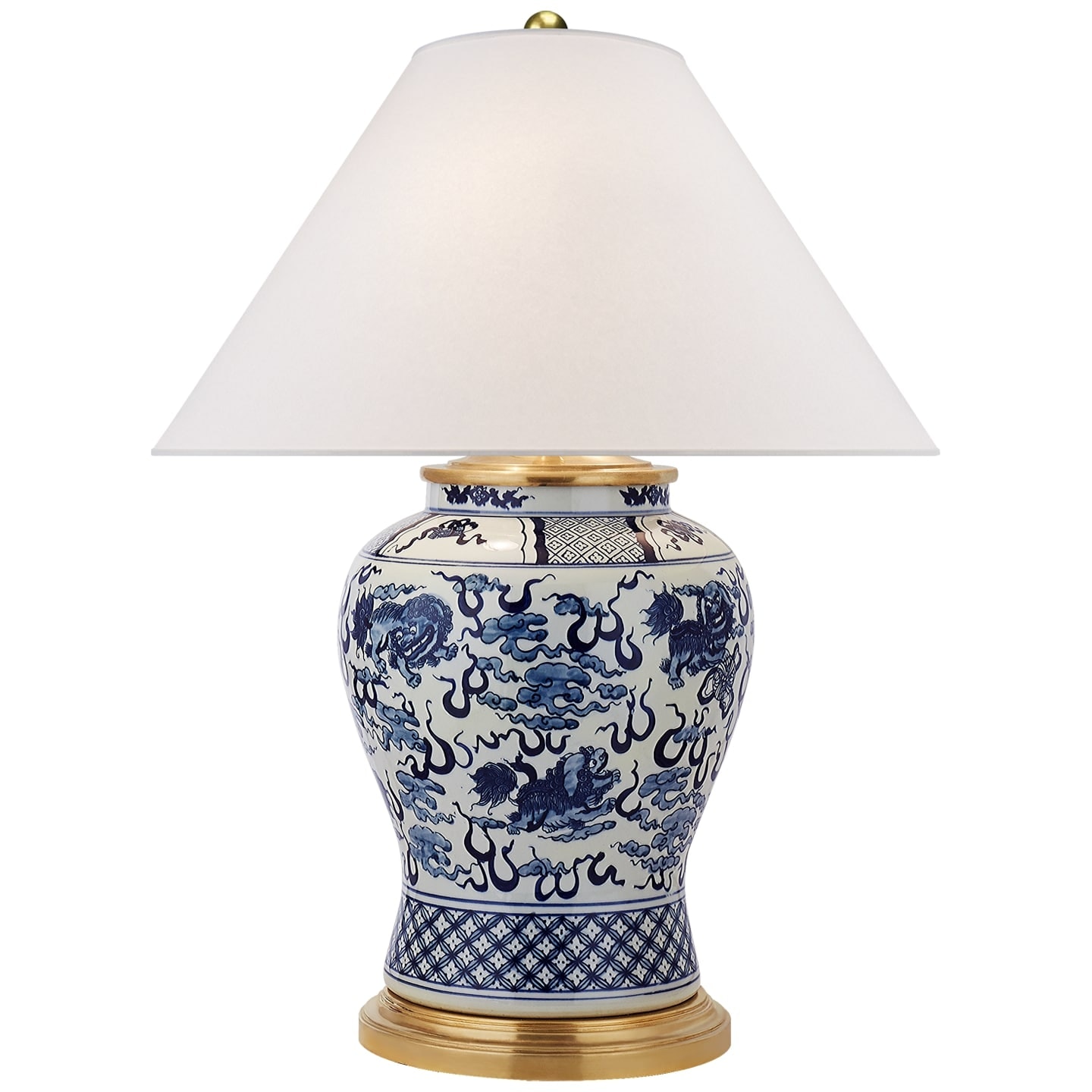 Ralph Lauren Foo Dog Medium Table Lamp in Blue and White Porcelain with Silk Shade RL 3649BW-S